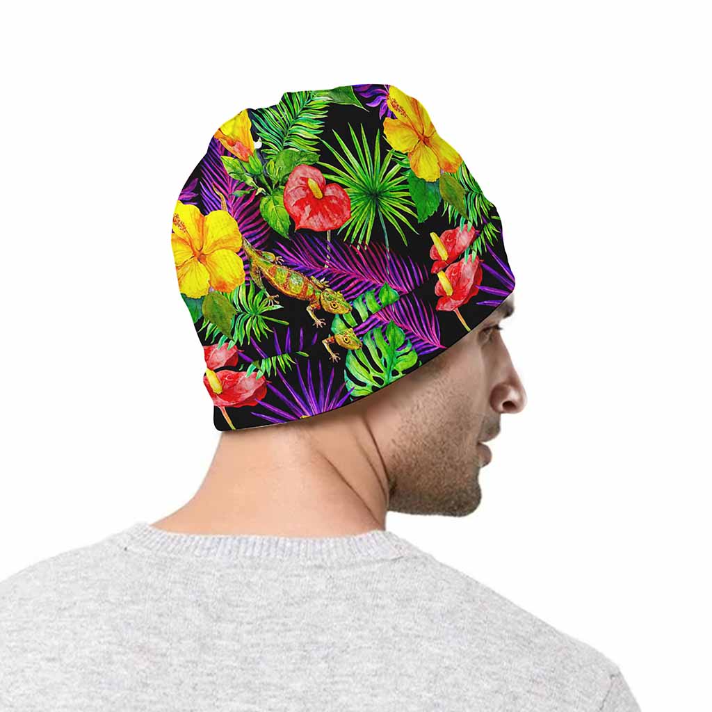 Dark Hawaiian Tropical Pattern Print Beanie