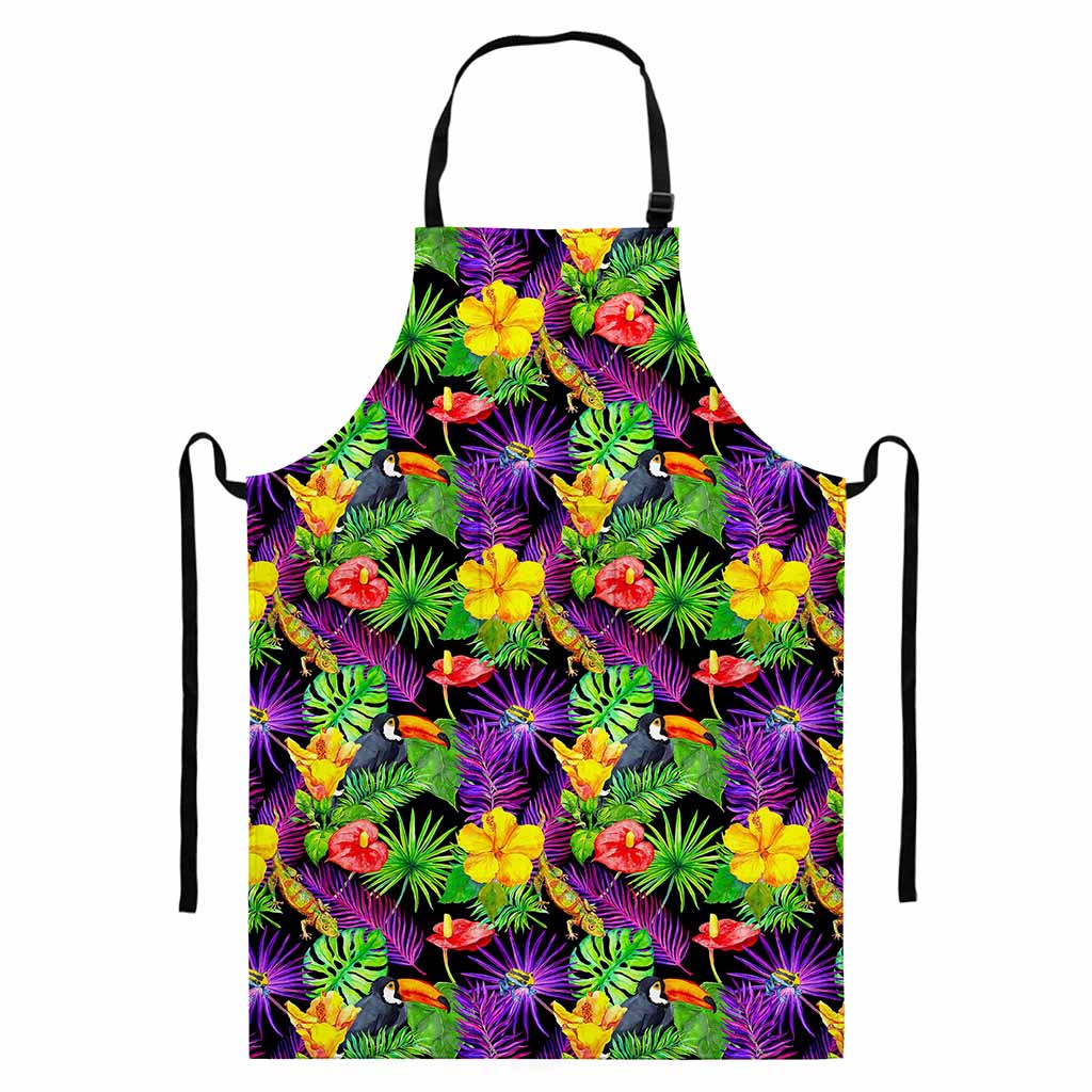 Dark Hawaiian Tropical Pattern Print Bib Apron With Pocket