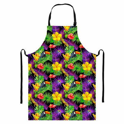Dark Hawaiian Tropical Pattern Print Bib Apron With Pocket