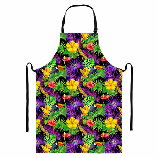 Dark Hawaiian Tropical Pattern Print Bib Apron With Pocket