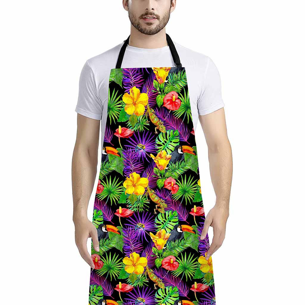 Dark Hawaiian Tropical Pattern Print Bib Apron With Pocket