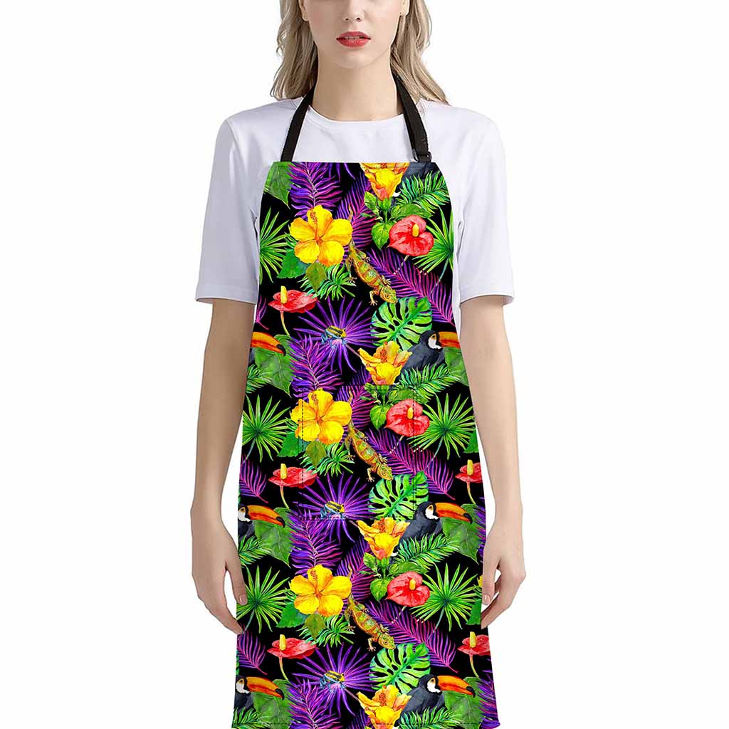 Dark Hawaiian Tropical Pattern Print Bib Apron With Pocket