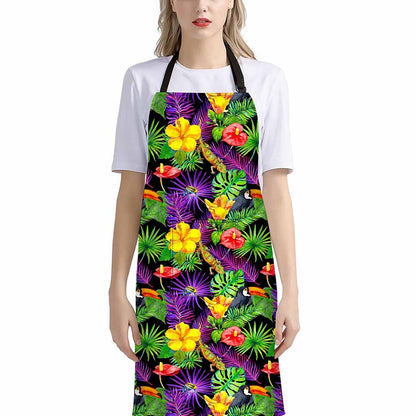 Dark Hawaiian Tropical Pattern Print Bib Apron With Pocket