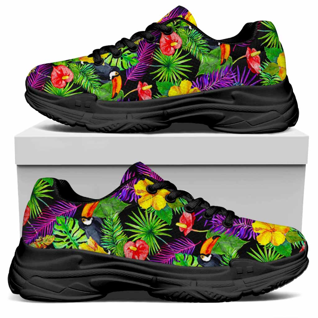Dark Hawaiian Tropical Pattern Print Black Chunky Shoes