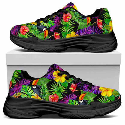Dark Hawaiian Tropical Pattern Print Black Chunky Shoes