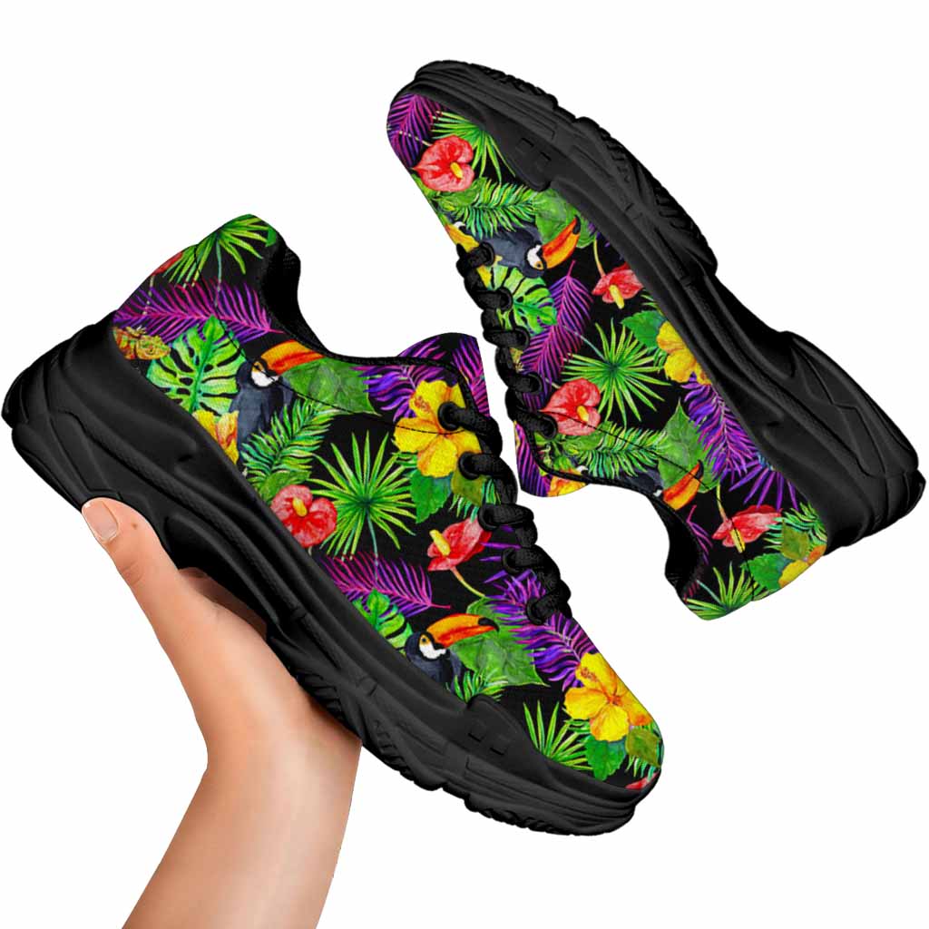 Dark Hawaiian Tropical Pattern Print Black Chunky Shoes