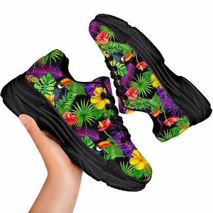 Dark Hawaiian Tropical Pattern Print Black Chunky Shoes