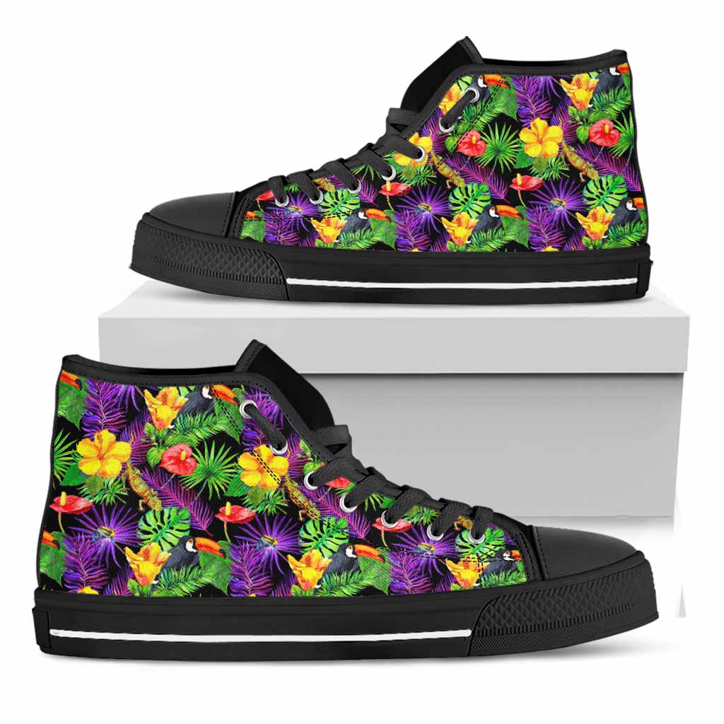 Dark Hawaiian Tropical Pattern Print Black High Top Sneakers