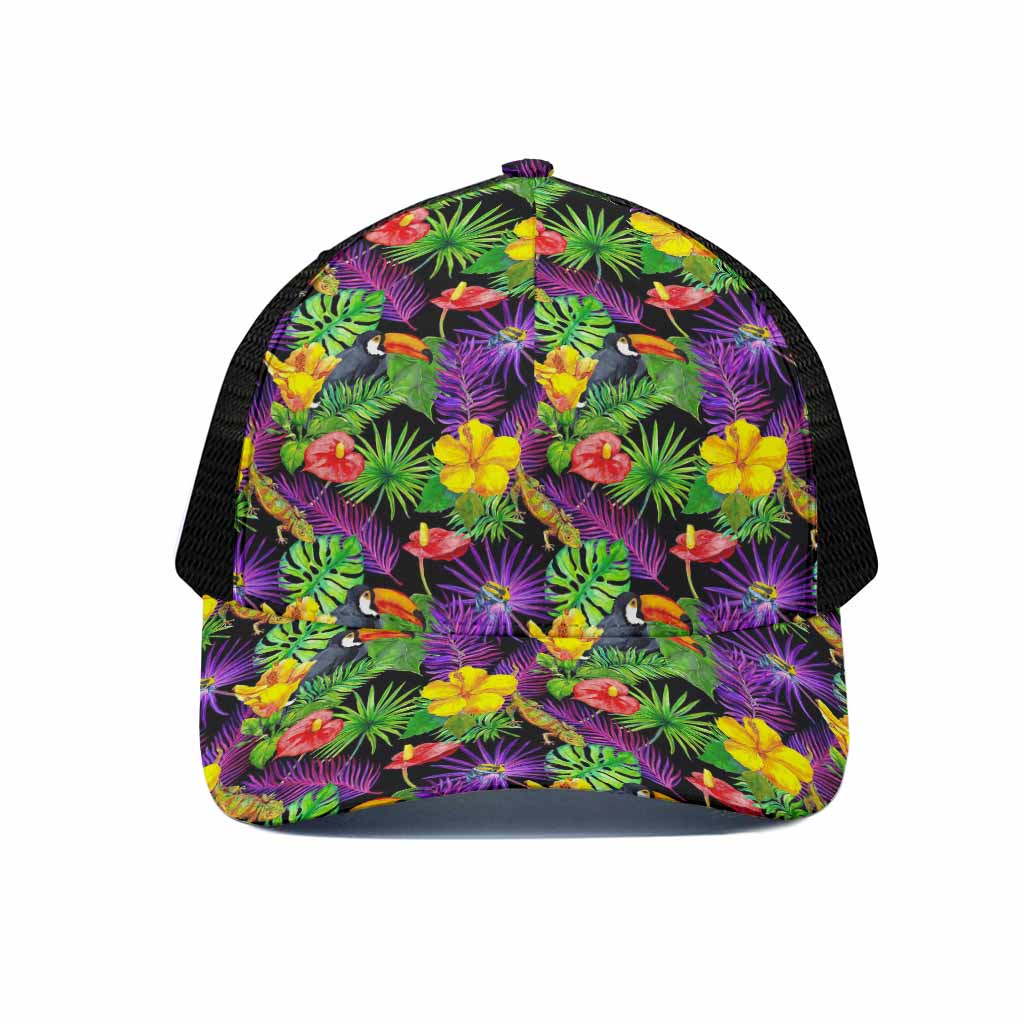 Dark Hawaiian Tropical Pattern Print Black Mesh Trucker Cap