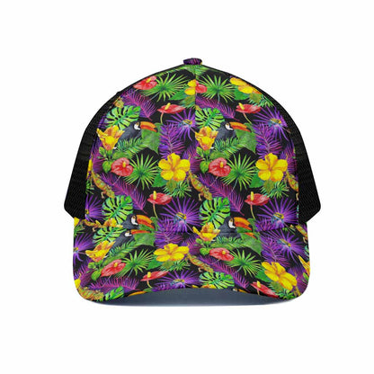 Dark Hawaiian Tropical Pattern Print Black Mesh Trucker Cap