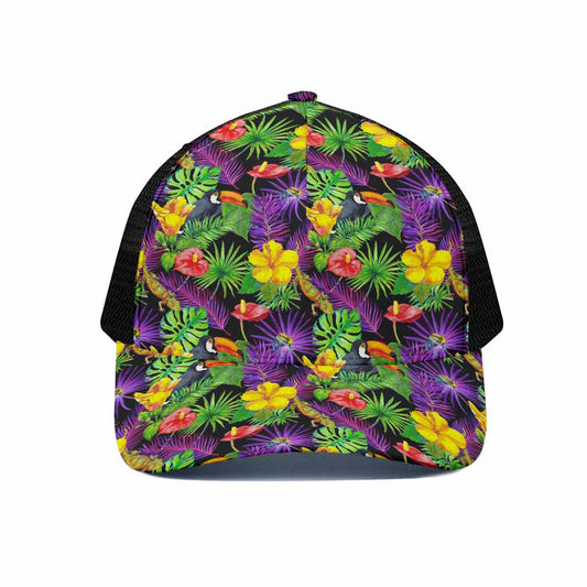 Dark Hawaiian Tropical Pattern Print Black Mesh Trucker Cap