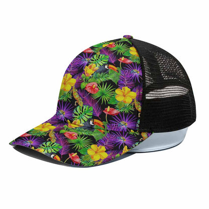 Dark Hawaiian Tropical Pattern Print Black Mesh Trucker Cap