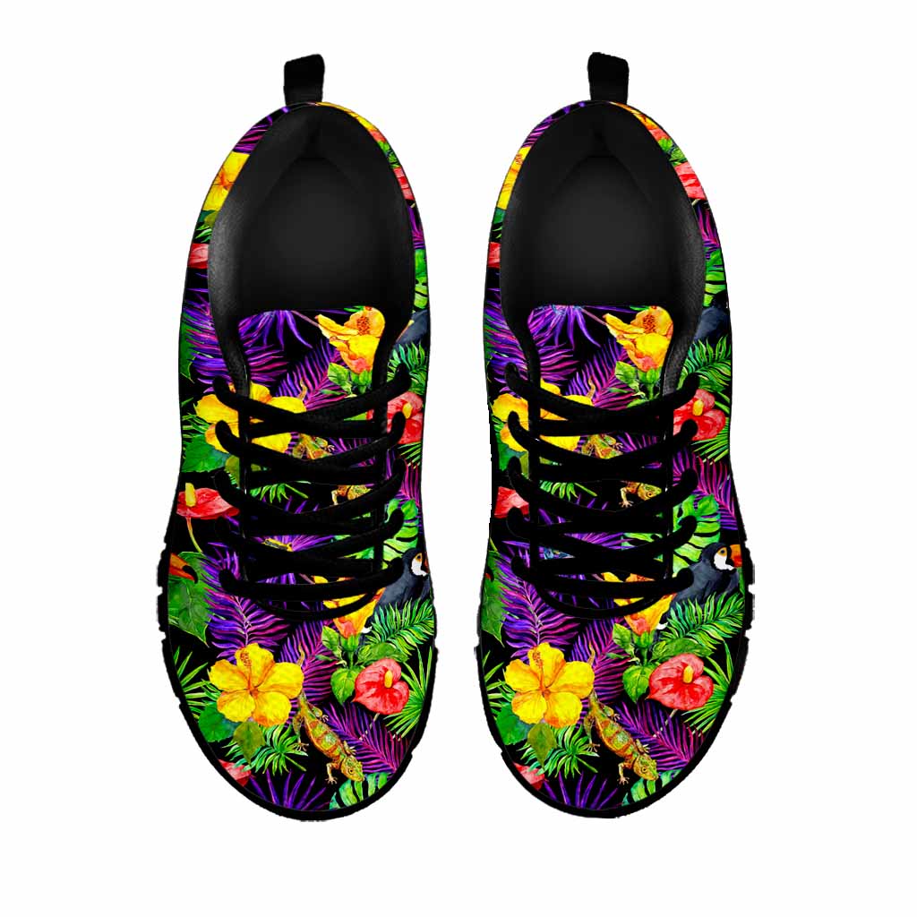 Dark Hawaiian Tropical Pattern Print Black Running Shoes