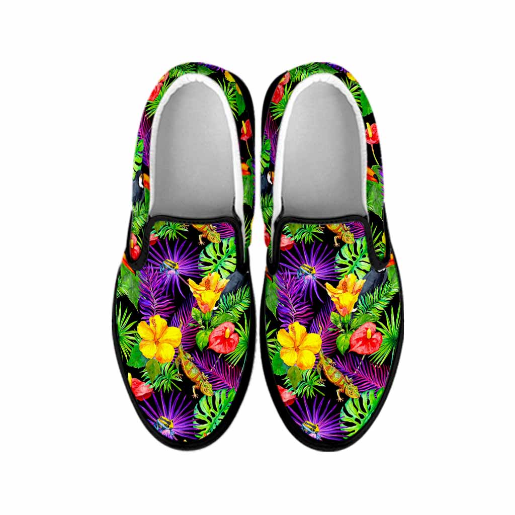 Dark Hawaiian Tropical Pattern Print Black Slip On Sneakers