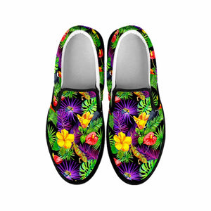 Dark Hawaiian Tropical Pattern Print Black Slip On Sneakers