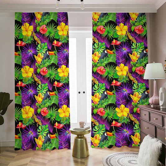 Dark Hawaiian Tropical Pattern Print Blackout Pencil Pleat Curtains