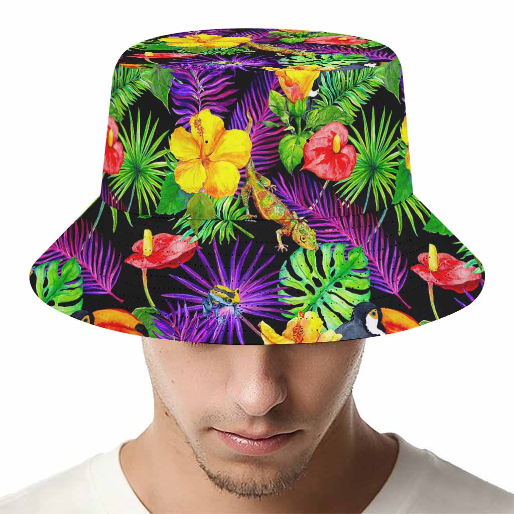 Dark Hawaiian Tropical Pattern Print Bucket Hat