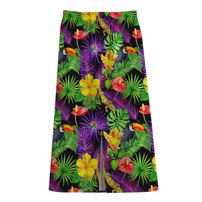 Dark Hawaiian Tropical Pattern Print Cotton Front Slit Maxi Skirt