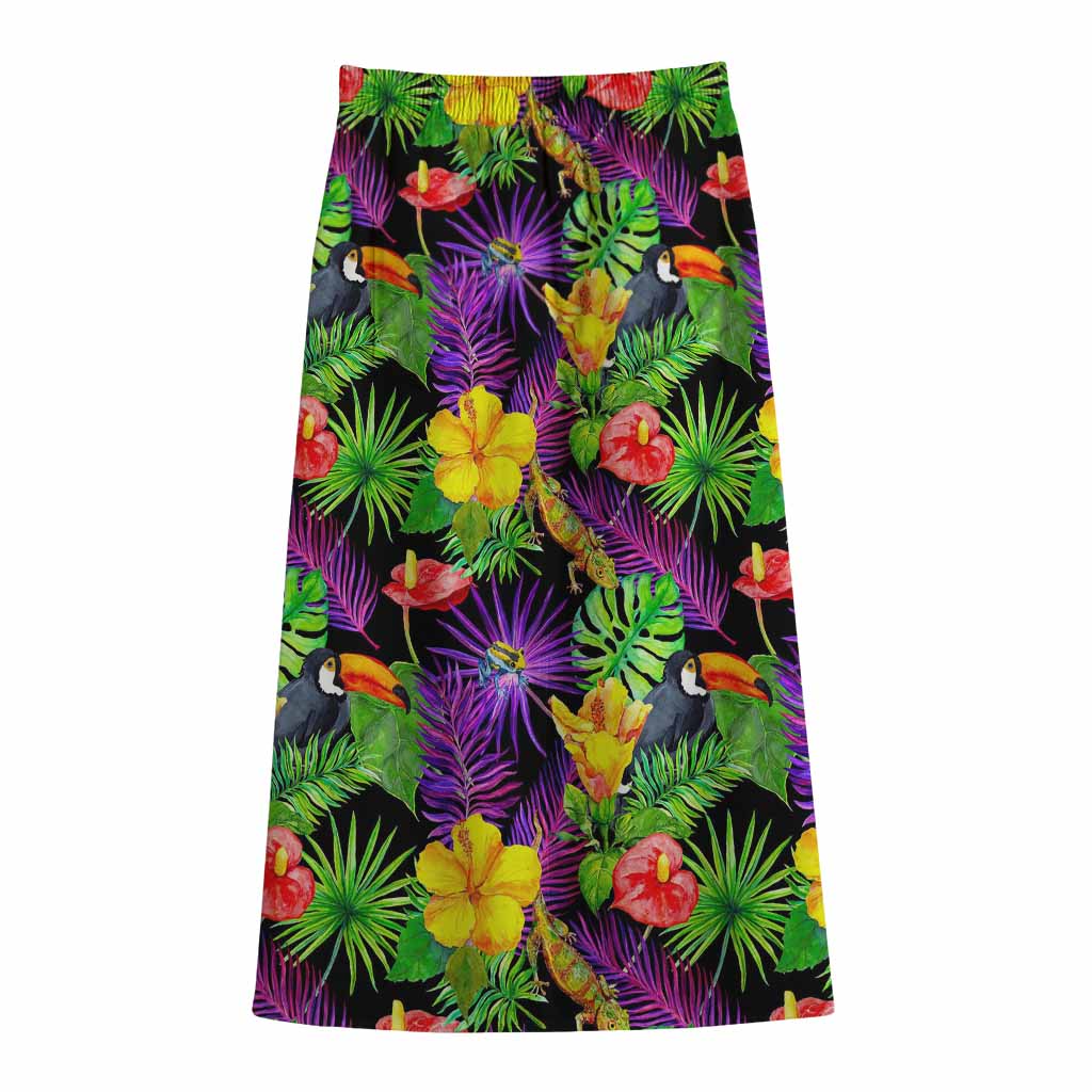 Dark Hawaiian Tropical Pattern Print Cotton Front Slit Maxi Skirt