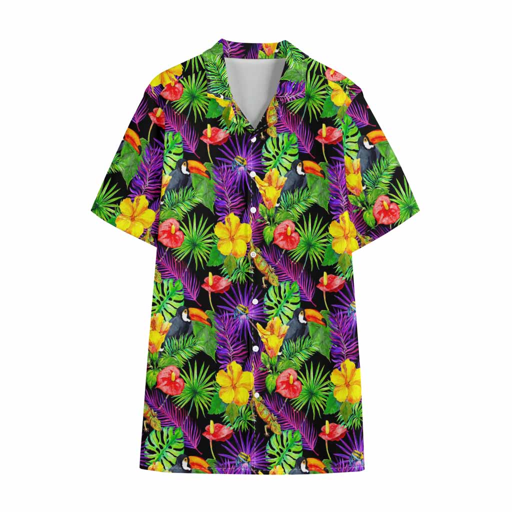 Dark Hawaiian Tropical Pattern Print Cotton Hawaiian Shirt