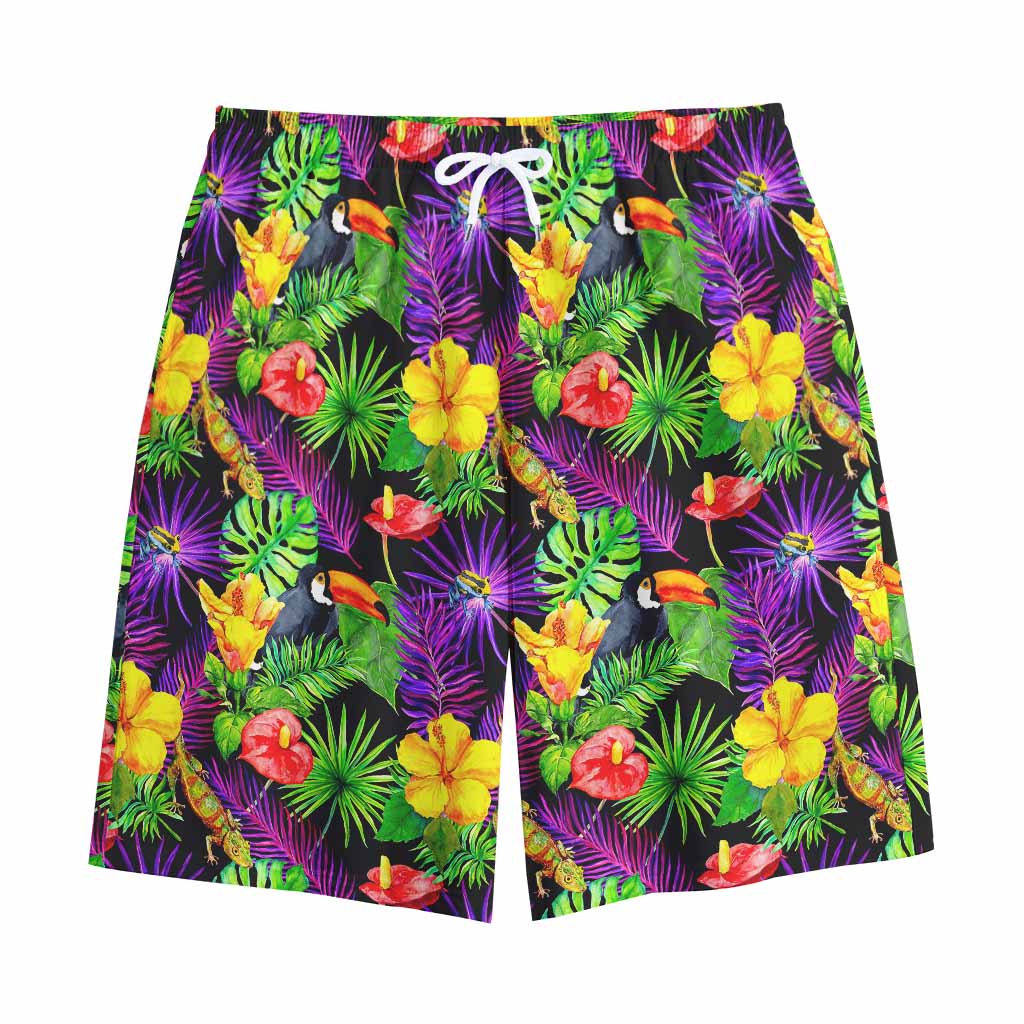 Dark Hawaiian Tropical Pattern Print Cotton Shorts