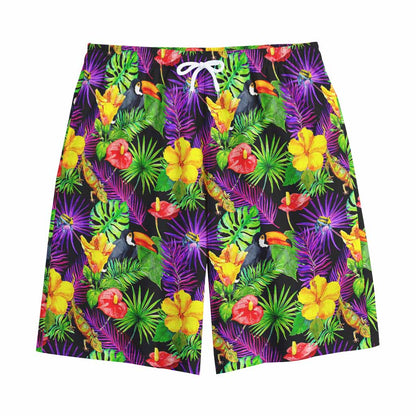 Dark Hawaiian Tropical Pattern Print Cotton Shorts