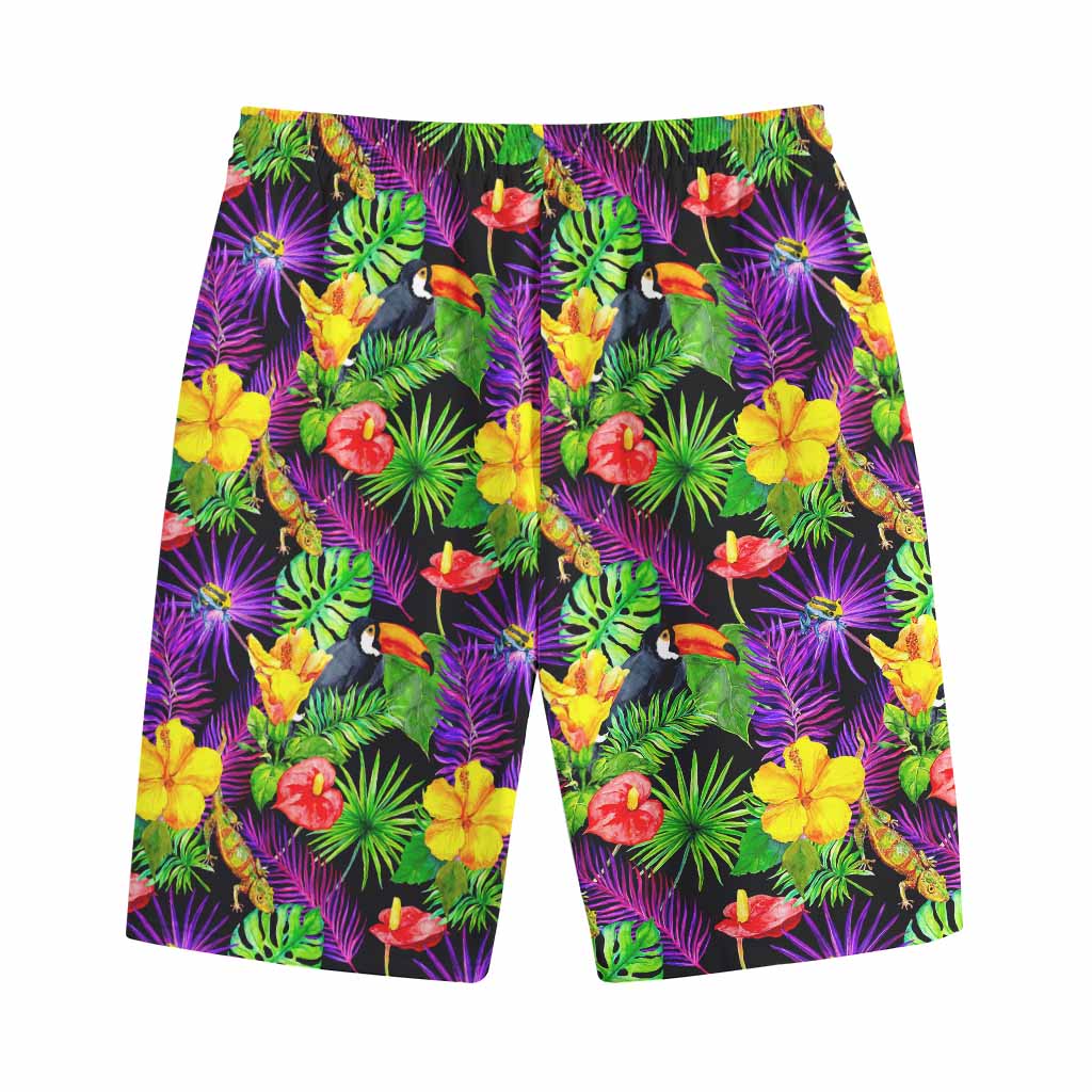 Dark Hawaiian Tropical Pattern Print Cotton Shorts