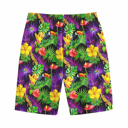 Dark Hawaiian Tropical Pattern Print Cotton Shorts