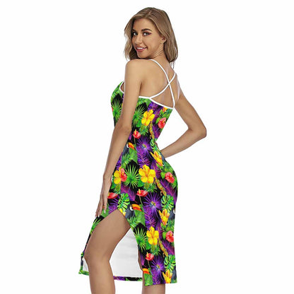 Dark Hawaiian Tropical Pattern Print Cross Back Cami Dress