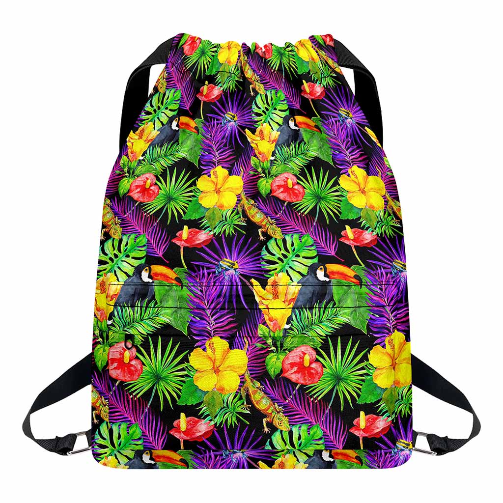 Dark Hawaiian Tropical Pattern Print Drawstring Backpack