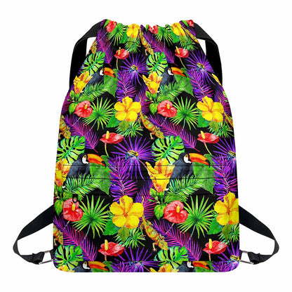 Dark Hawaiian Tropical Pattern Print Drawstring Backpack