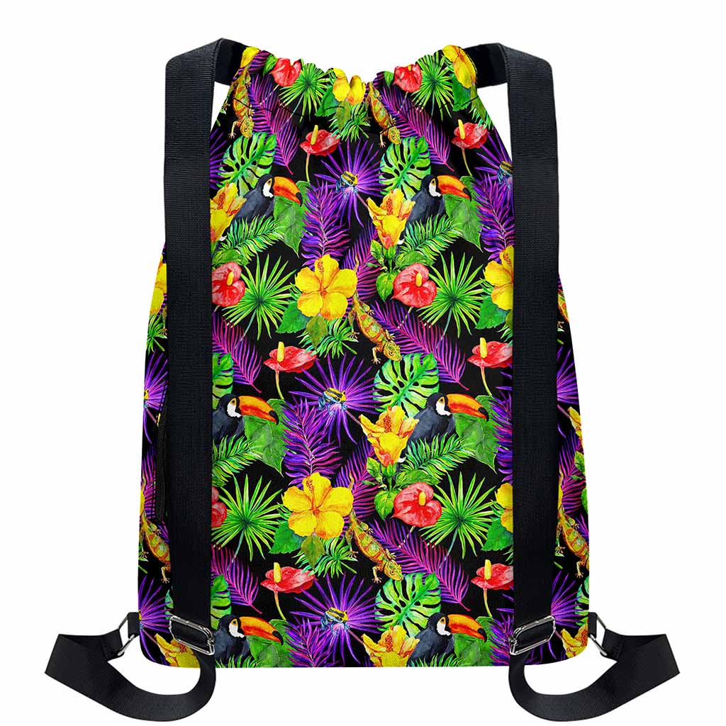 Dark Hawaiian Tropical Pattern Print Drawstring Backpack