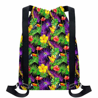 Dark Hawaiian Tropical Pattern Print Drawstring Backpack