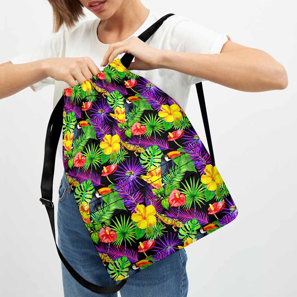 Dark Hawaiian Tropical Pattern Print Drawstring Backpack