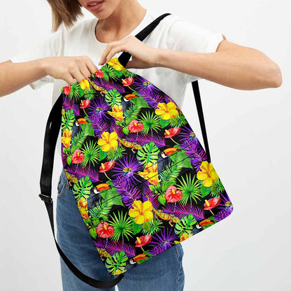Dark Hawaiian Tropical Pattern Print Drawstring Backpack