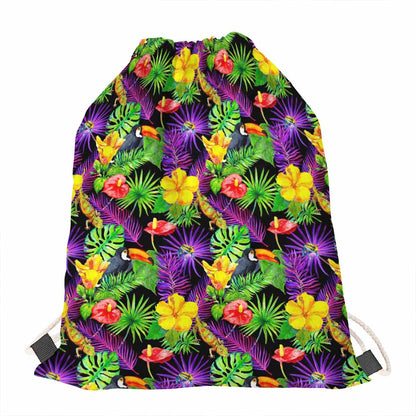 Dark Hawaiian Tropical Pattern Print Drawstring Bag