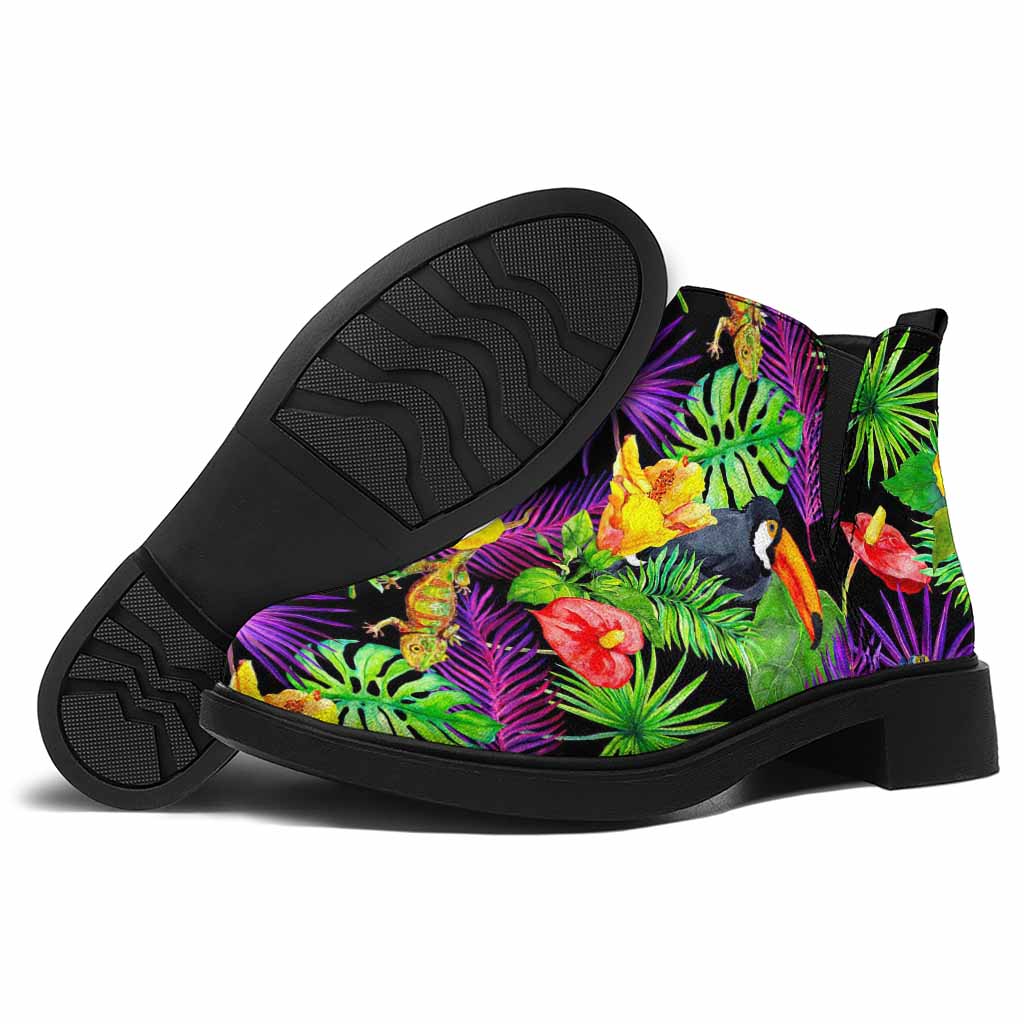 Dark Hawaiian Tropical Pattern Print Flat Ankle Boots