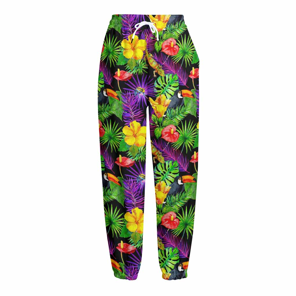 Dark Hawaiian Tropical Pattern Print Fleece Lined Knit Pants