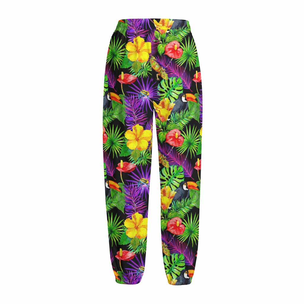 Dark Hawaiian Tropical Pattern Print Fleece Lined Knit Pants