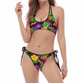 Dark Hawaiian Tropical Pattern Print Halter Scoop Tie Side Bikini