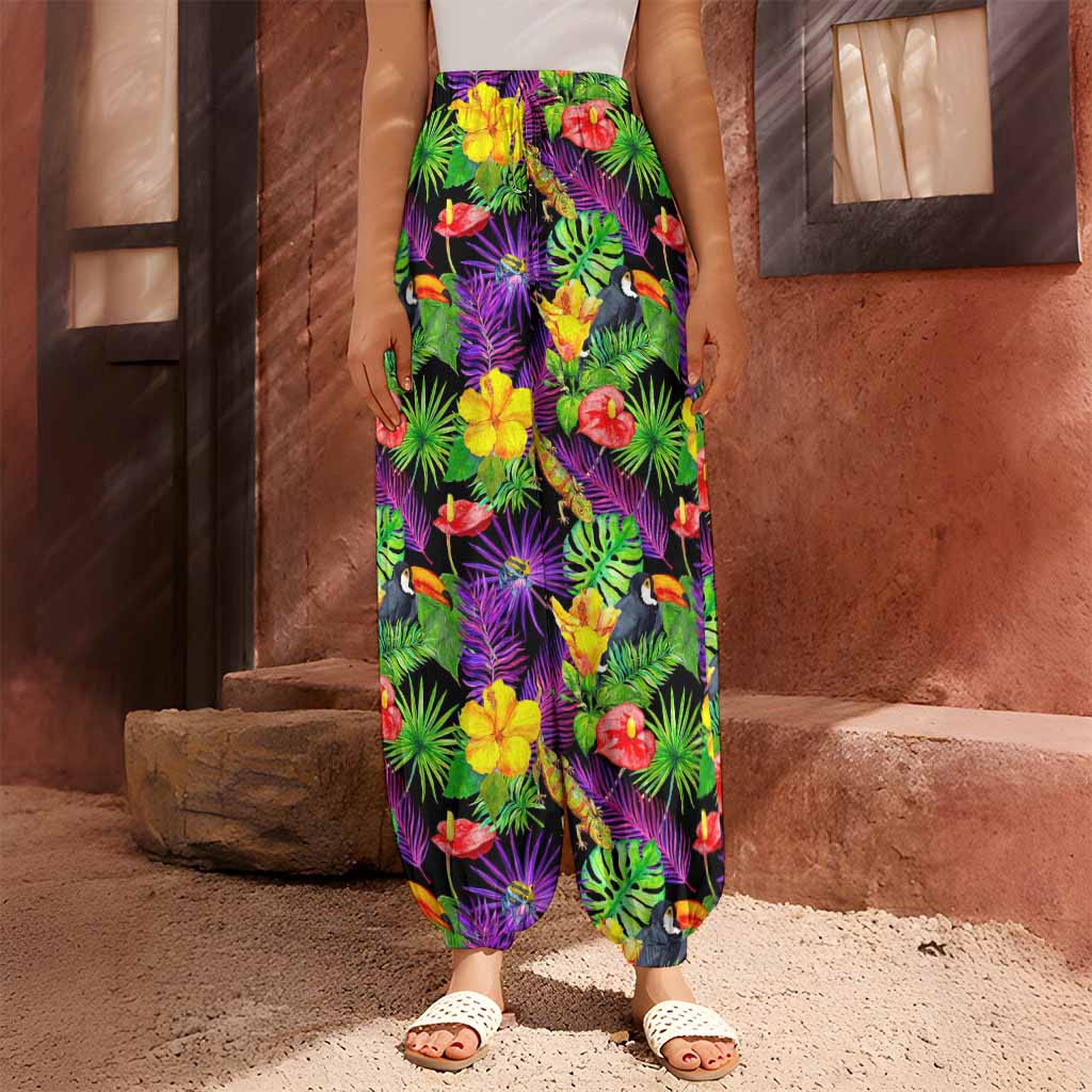 Dark Hawaiian Tropical Pattern Print Harem Pants