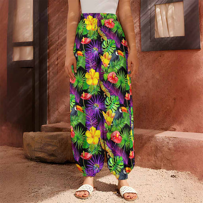 Dark Hawaiian Tropical Pattern Print Harem Pants