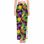 Dark Hawaiian Tropical Pattern Print High Slit Maxi Skirt