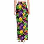 Dark Hawaiian Tropical Pattern Print High Slit Maxi Skirt