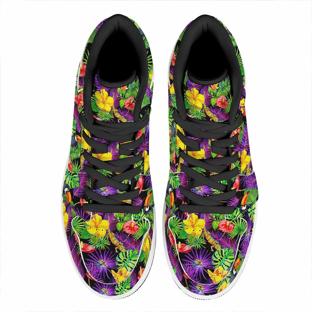 Dark Hawaiian Tropical Pattern Print High Top Leather Sneakers