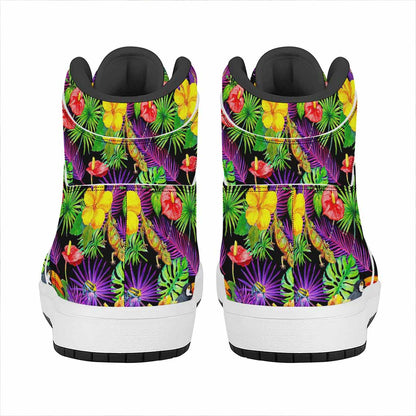 Dark Hawaiian Tropical Pattern Print High Top Leather Sneakers