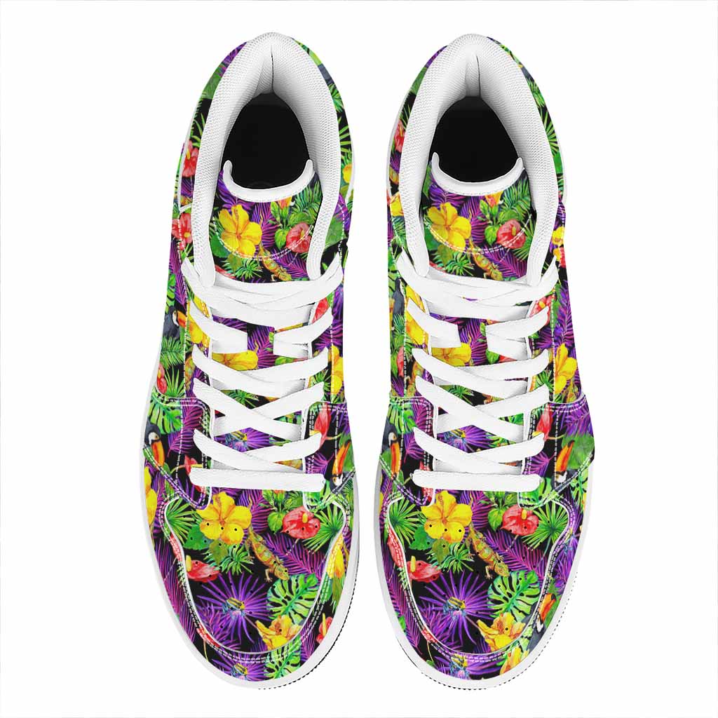Dark Hawaiian Tropical Pattern Print High Top Leather Sneakers