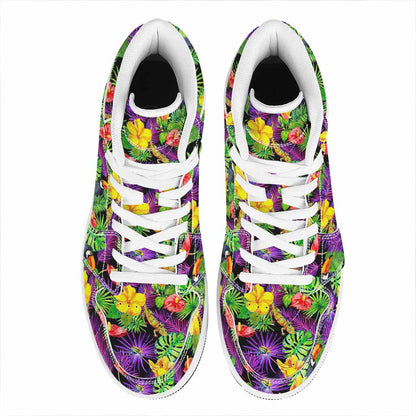 Dark Hawaiian Tropical Pattern Print High Top Leather Sneakers