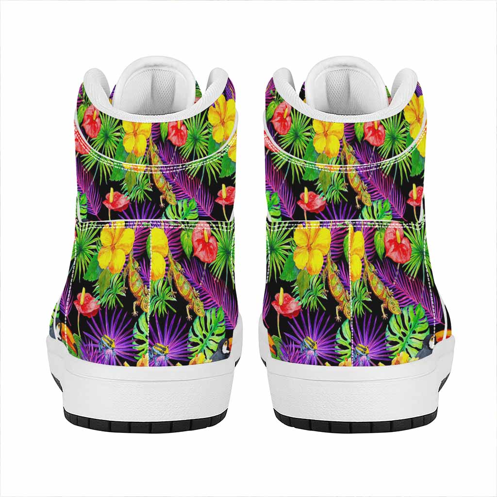Dark Hawaiian Tropical Pattern Print High Top Leather Sneakers