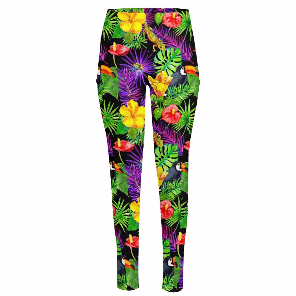 Dark Hawaiian Tropical Pattern Print High-Waisted Pocket Leggings